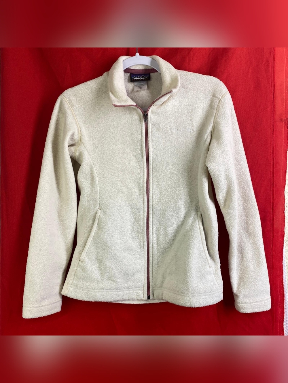 Patagonia Cream Full-Zip Teddy Fleece Jacket with Pink Trim Xs